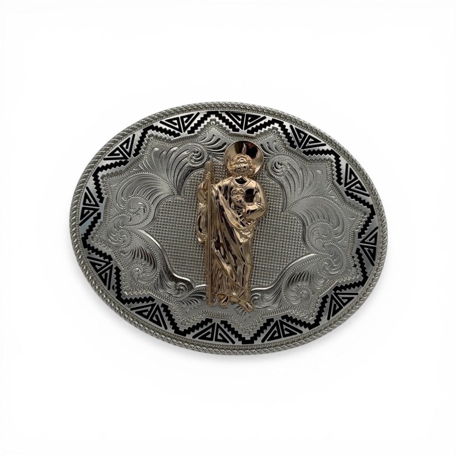 Gold Saint Jude figure on a silver western scroll engraved oval buckle with a black Aztec border.