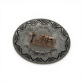 Oval two-tone silver and gold Cowboy Faith Aztec buckle with praying cowboy, horse, and cross.