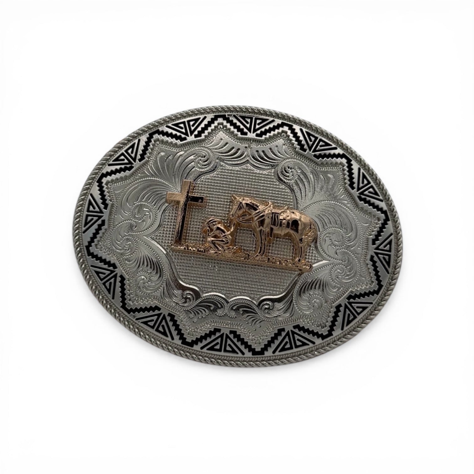 Oval two-tone silver and gold Cowboy Faith Aztec buckle with praying cowboy, horse, and cross.