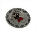 Oval silver tone Texas Pride Aztec buckle with a red, white, and black Texas state flag centerpiece.