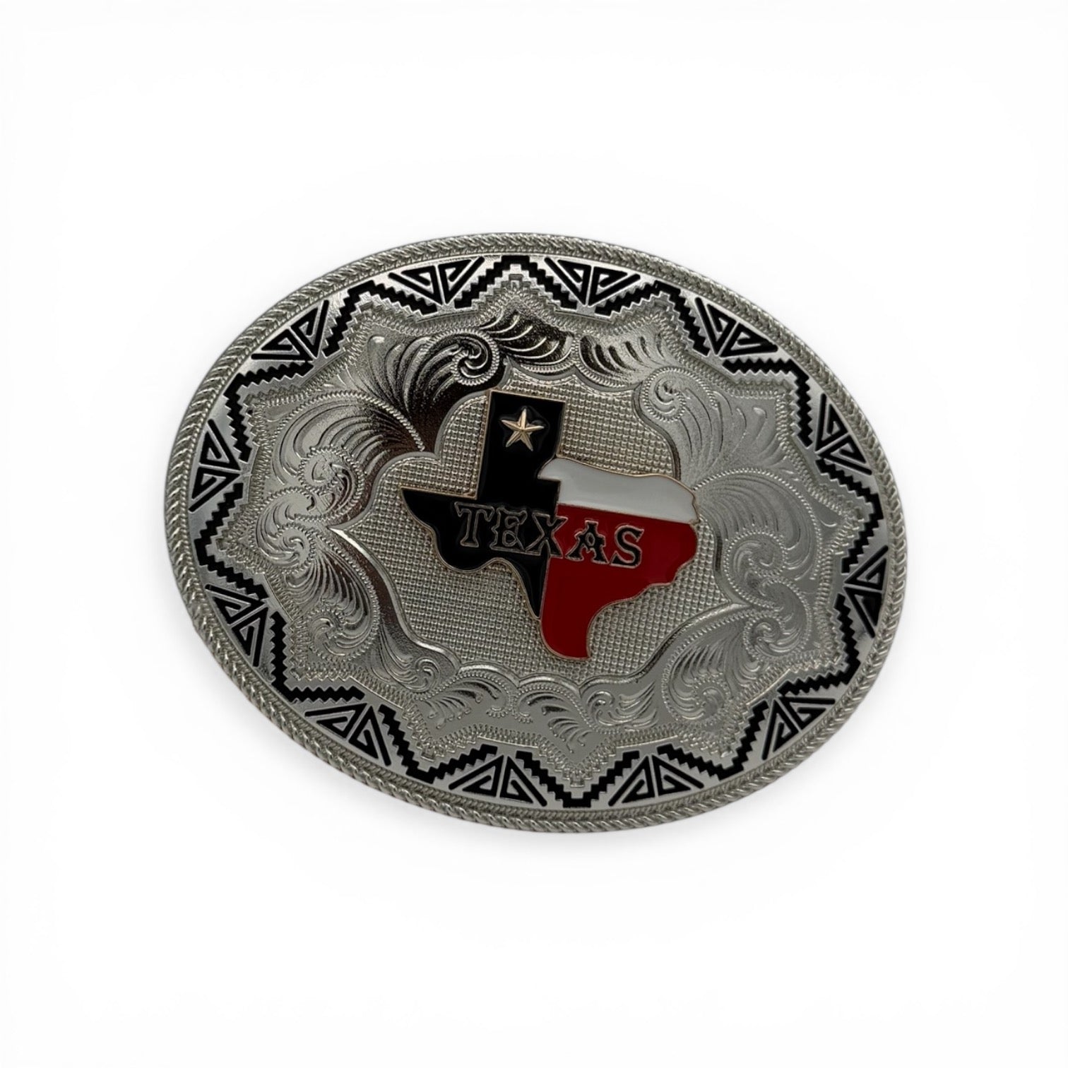 Oval silver tone Texas Pride Aztec buckle with a red, white, and black Texas state flag centerpiece.