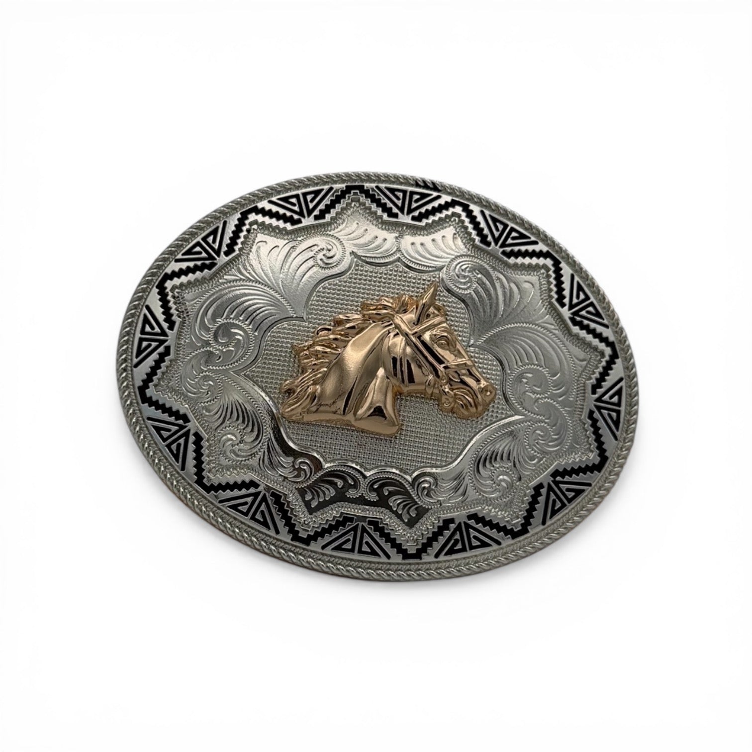 Oval two-tone metal buckle with a gold horse head, silver western scrollwork, and a black Aztec border.