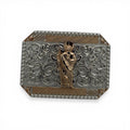 Gold and silver two-tone western buckle with a detailed gold Saint Jude centerpiece, scrollwork, and mesh accents.