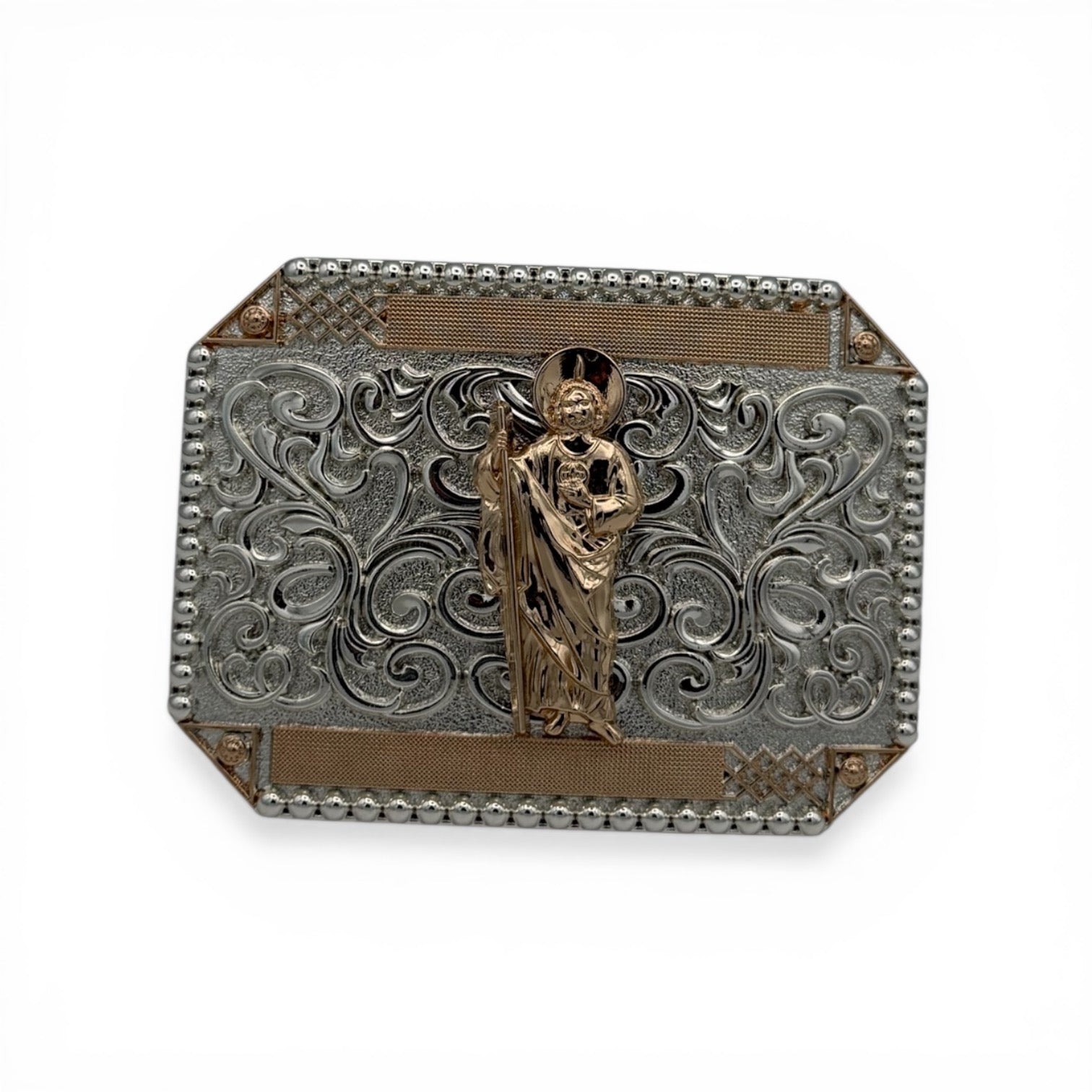 Gold and silver two-tone western buckle with a detailed gold Saint Jude centerpiece, scrollwork, and mesh accents.