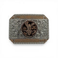 Two-tone silver and gold western buckle with a detailed Winged Victory Mexican coin centerpiece.