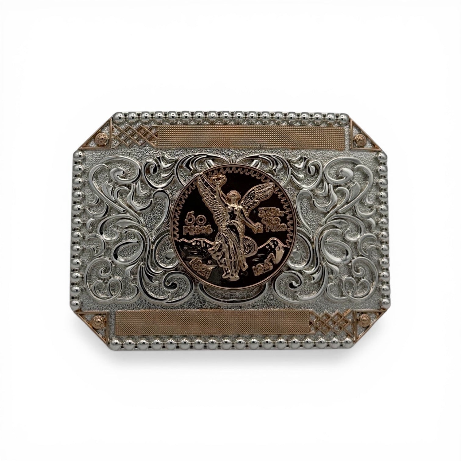 Two-tone silver and gold western buckle with a detailed Winged Victory Mexican coin centerpiece.