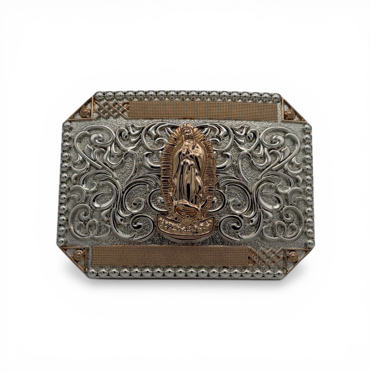 Two-tone gold and silver Western buckle with a detailed Virgen de Guadalupe centerpiece and scroll engraving.