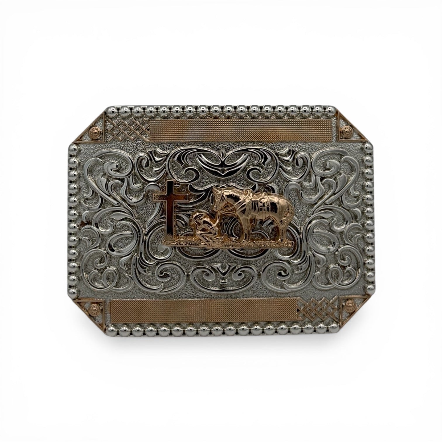 Two-tone gold and silver western buckle with a kneeling cowboy, horse, cross, scrollwork, and beaded edge.