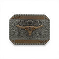 Silver and gold tone Longhorn Legacy Filigree Buckle with a gold longhorn skull and beaded edge.