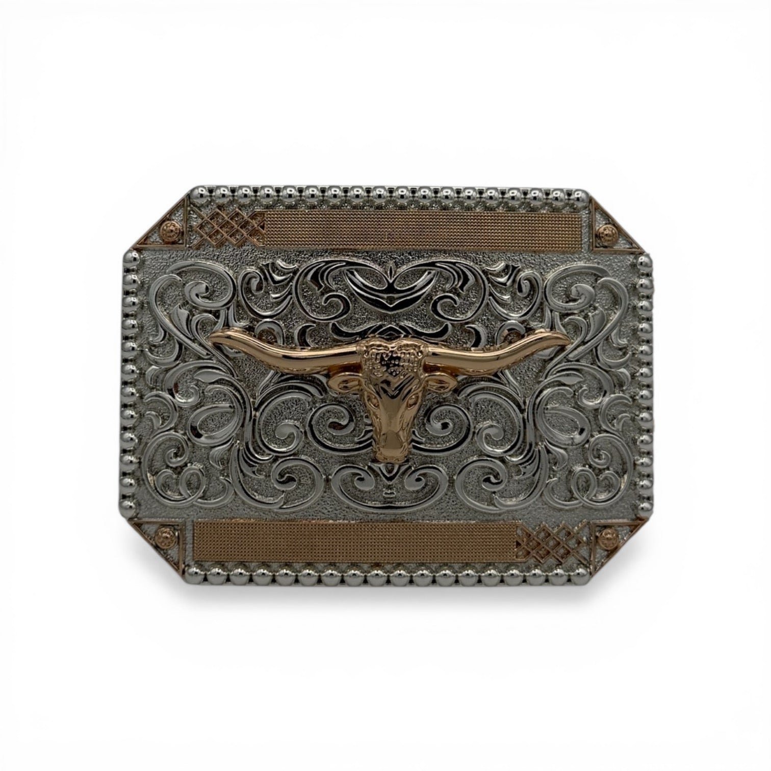 Silver and gold tone Longhorn Legacy Filigree Buckle with a gold longhorn skull and beaded edge.