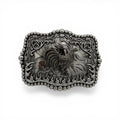 Silver tone Midnight Rooster Flame Buckle with raised rooster, barbed wire, flame detailing, and beaded edge.