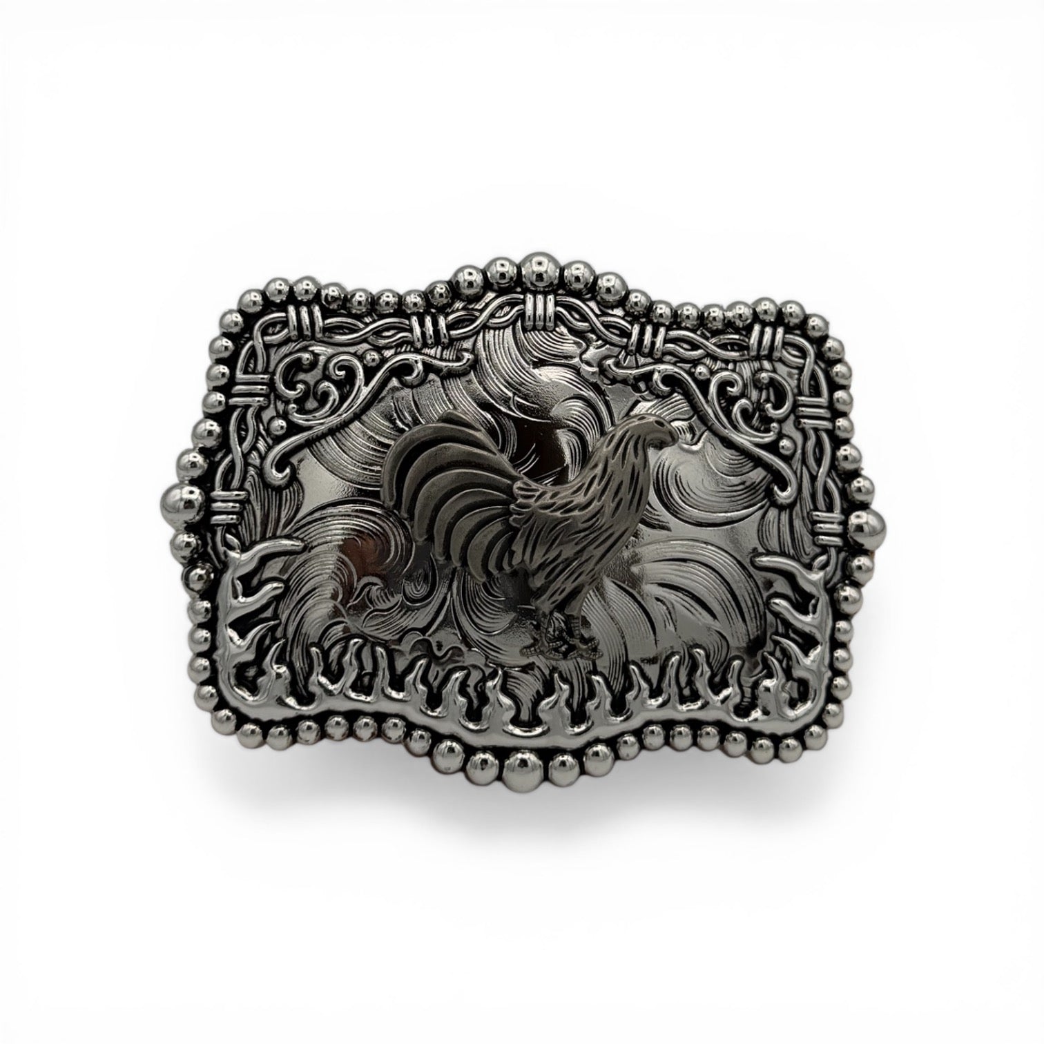 Silver tone Midnight Rooster Flame Buckle with raised rooster, barbed wire, flame detailing, and beaded edge.