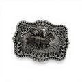 Silver-tone western buckle with a raised running horse, barbed wire, flame accents, and beaded edge.