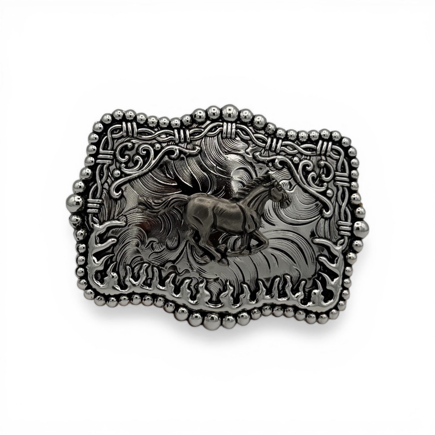 Silver-tone western buckle with a raised running horse, barbed wire, flame accents, and beaded edge.
