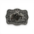 Silver-tone Cowboy Faith Legacy Buckle with kneeling cowboy, cross, barbed wire, and flame accents.