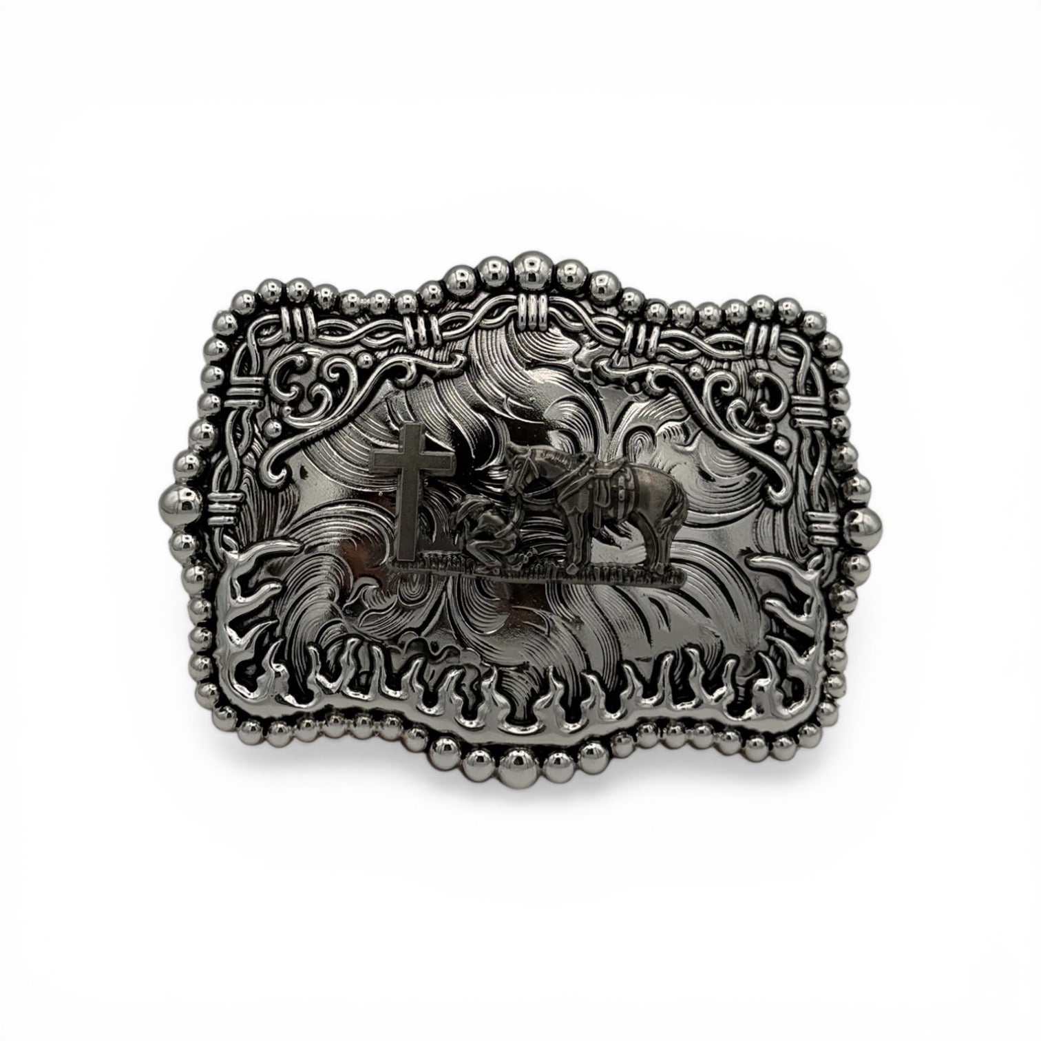 Silver-tone Cowboy Faith Legacy Buckle with kneeling cowboy, cross, barbed wire, and flame accents.