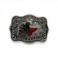 Polished silver-tone Texas Pride Flame Buckle with raised black, white, and red Texas emblem, barbed wire, and flame detailing.