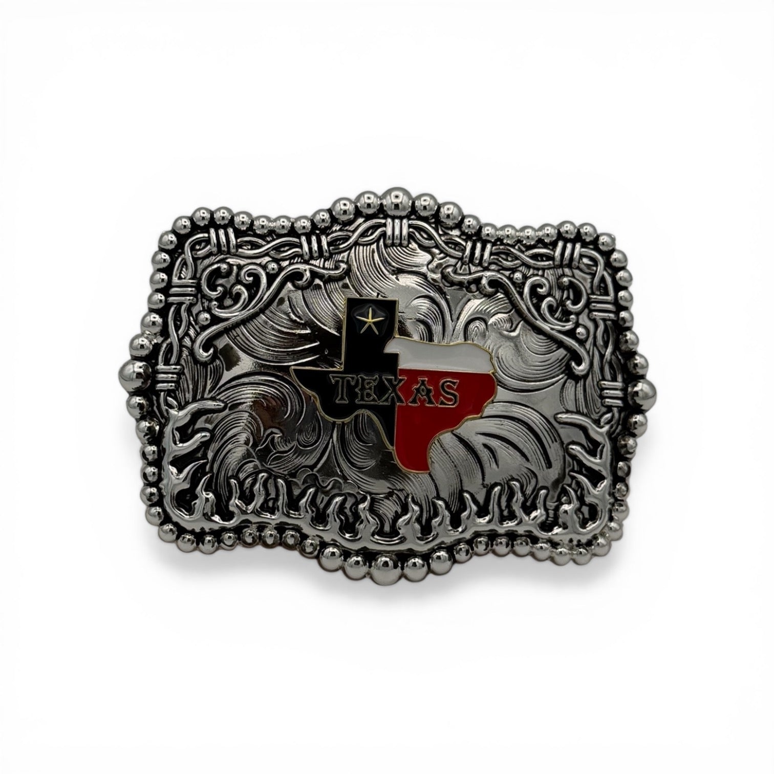 Polished silver-tone Texas Pride Flame Buckle with raised black, white, and red Texas emblem, barbed wire, and flame detailing.
