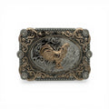 Golden Rooster Royale Buckle: gold and silver tone buckle with a proud rooster, intricate scrollwork, rope border, and shimmering stone accents.