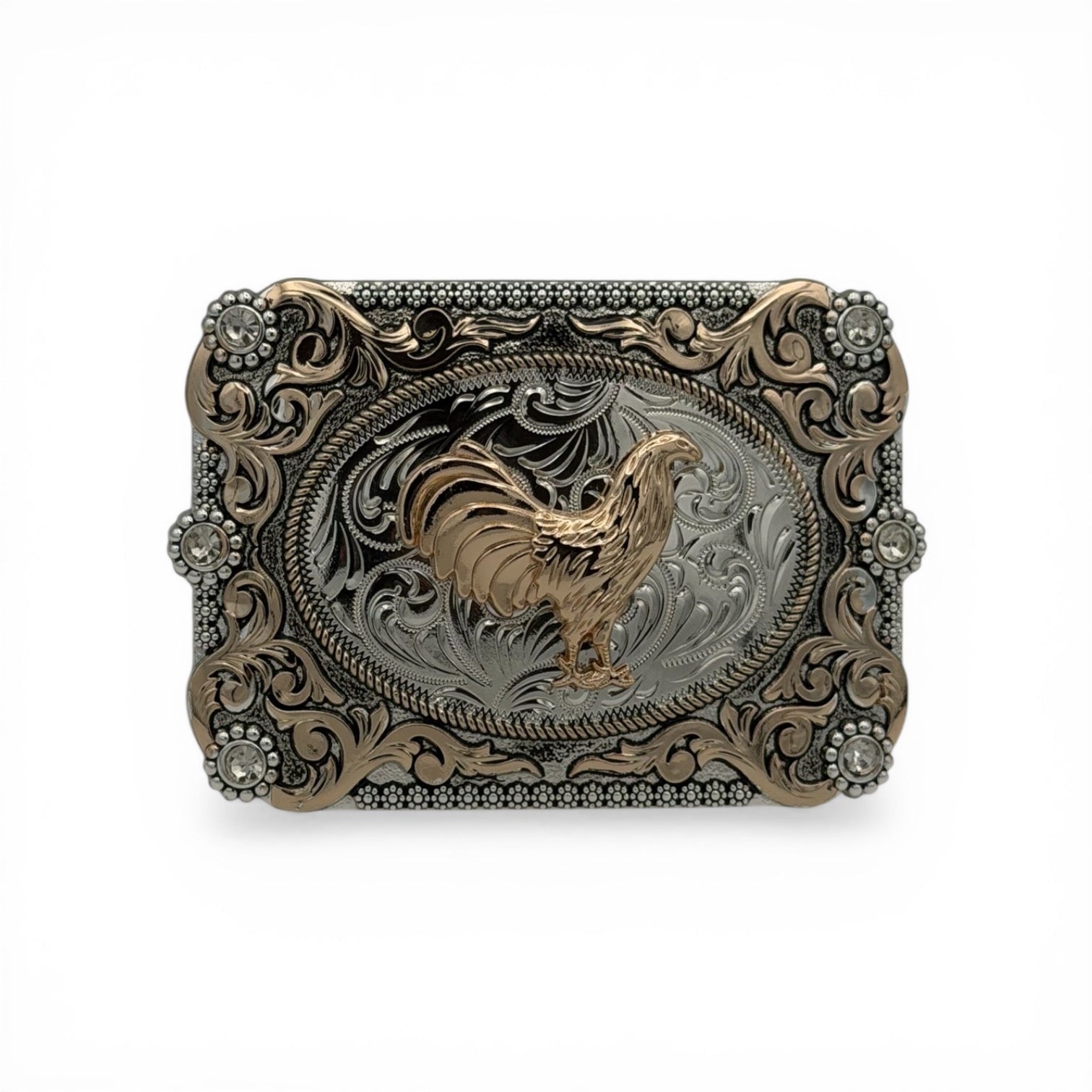 Golden Rooster Royale Buckle: gold and silver tone buckle with a proud rooster, intricate scrollwork, rope border, and shimmering stone accents.