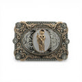 Gold and silver tone Saint Jude buckle with ivory backdrop, scrollwork, rope border, and stone accents.