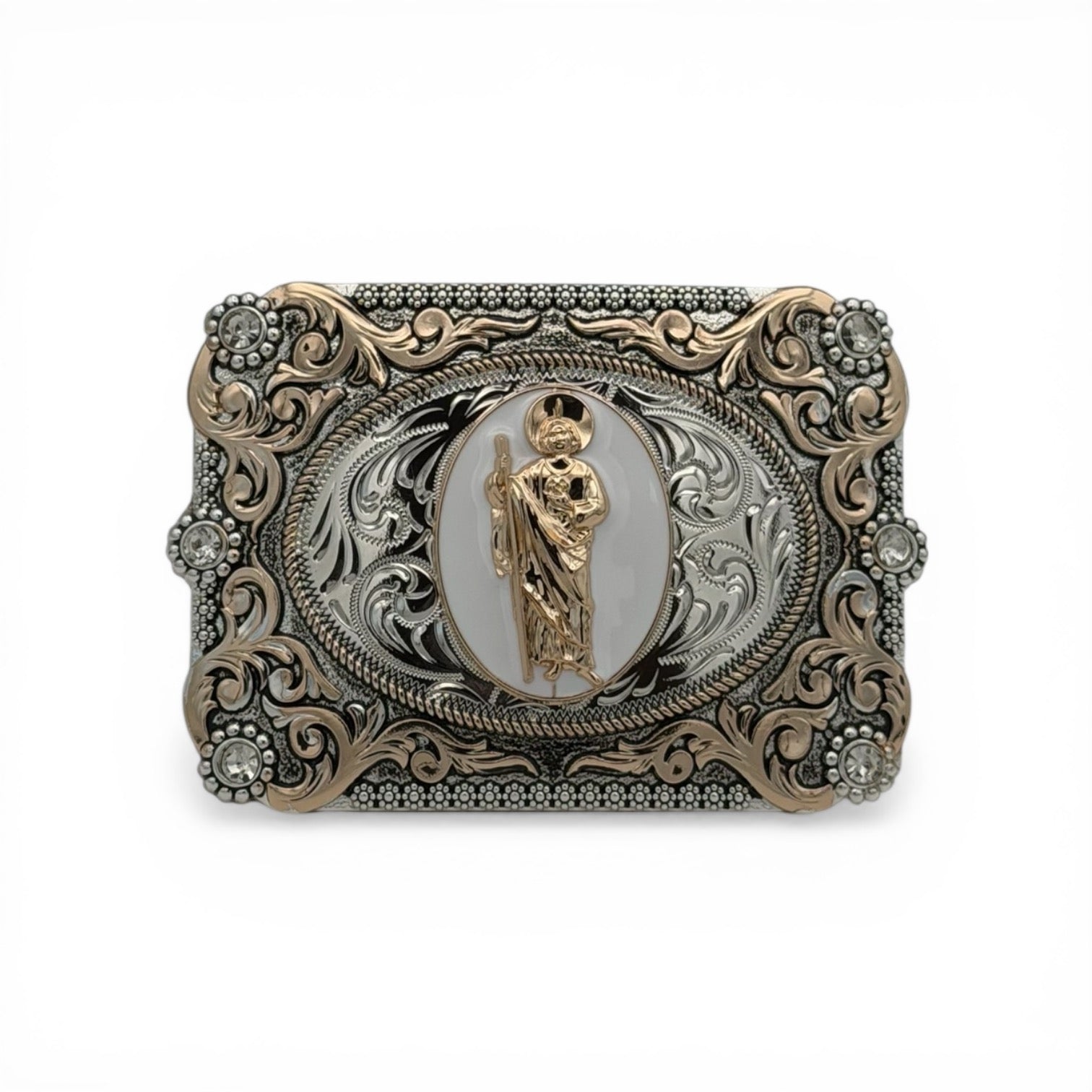 Gold and silver tone Saint Jude buckle with ivory backdrop, scrollwork, rope border, and stone accents.