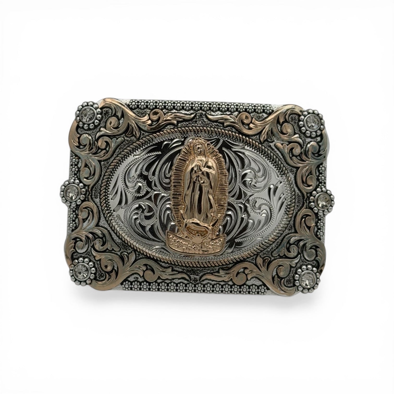 Silver and gold tone Our Lady of Grace buckle with intricate scrollwork, rope border, and stone accents.