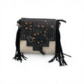Hand-Tooled Leather & Cowhide Crossbody Bag with Black Fringe