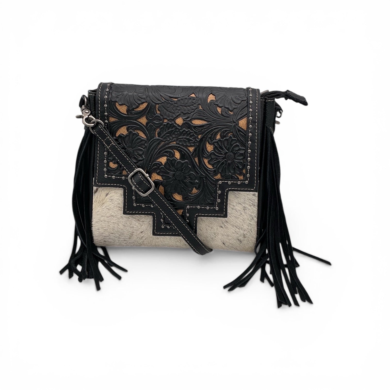 Hand-Tooled Leather & Cowhide Crossbody Bag with Black Fringe