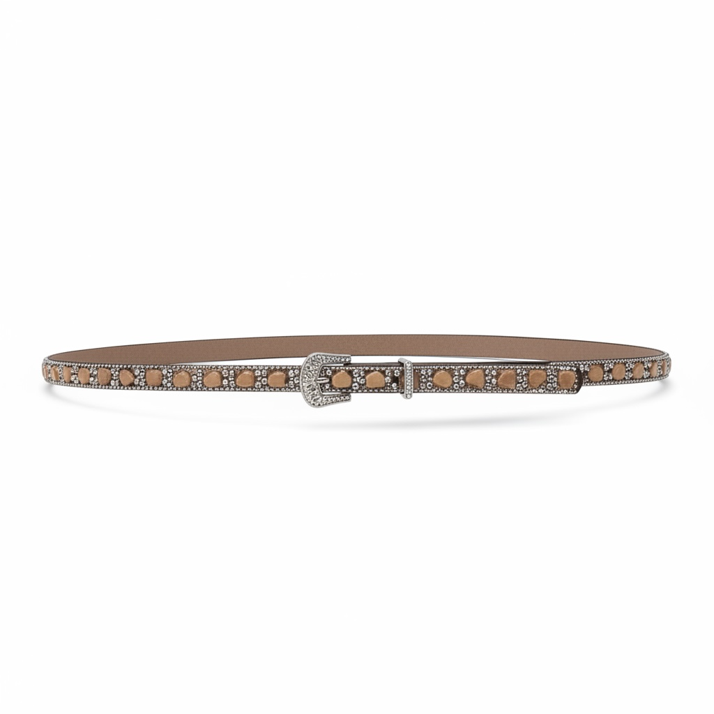 Rhinestone & Pyramid Stud Western Hat Band - Tan