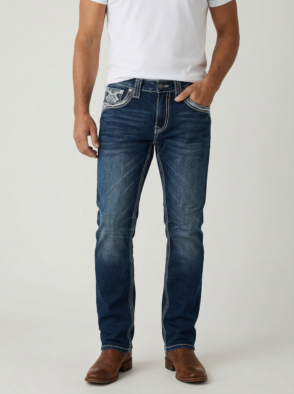ROCK REVOLUTION MEN'S EMBROIDERED POCKET STRAIGHT FIT JEANS