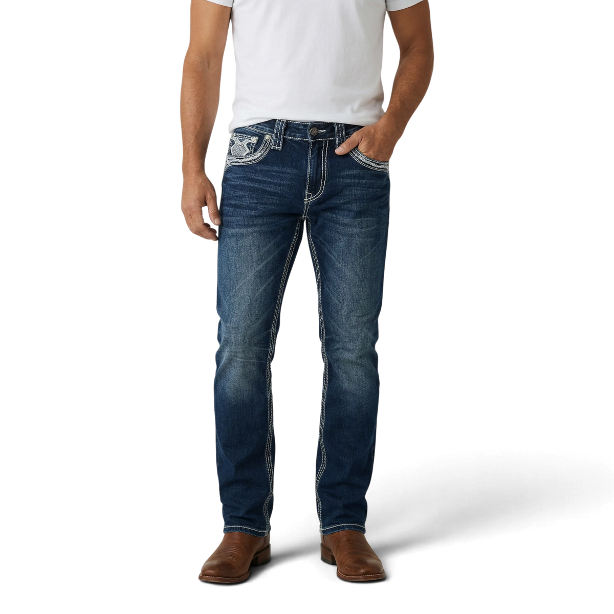 ROCK REVOLUTION MEN'S EMBROIDERED POCKET STRAIGHT FIT JEANS