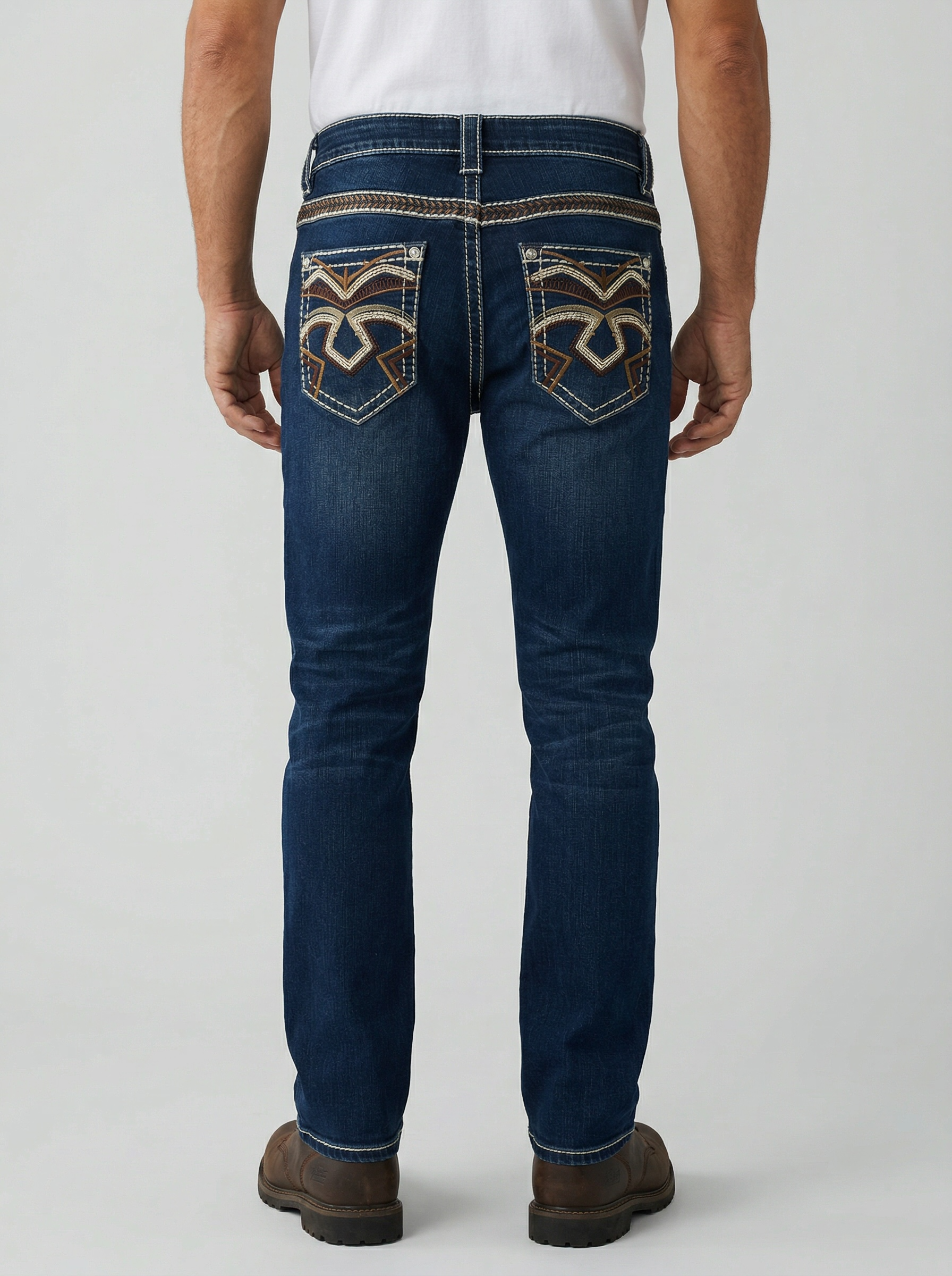 ROCK REVOLUTION MEN'S AZTEC EMBROIDERED STRAIGHT FIT JEANS