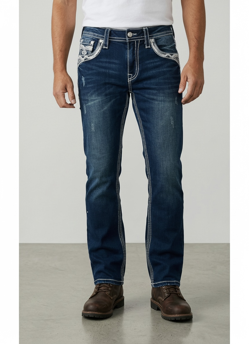 ROCK REVOLUTION MEN'S THICK STITCH FLEUR-DE-LIS STRAIGHT FIT JEANS