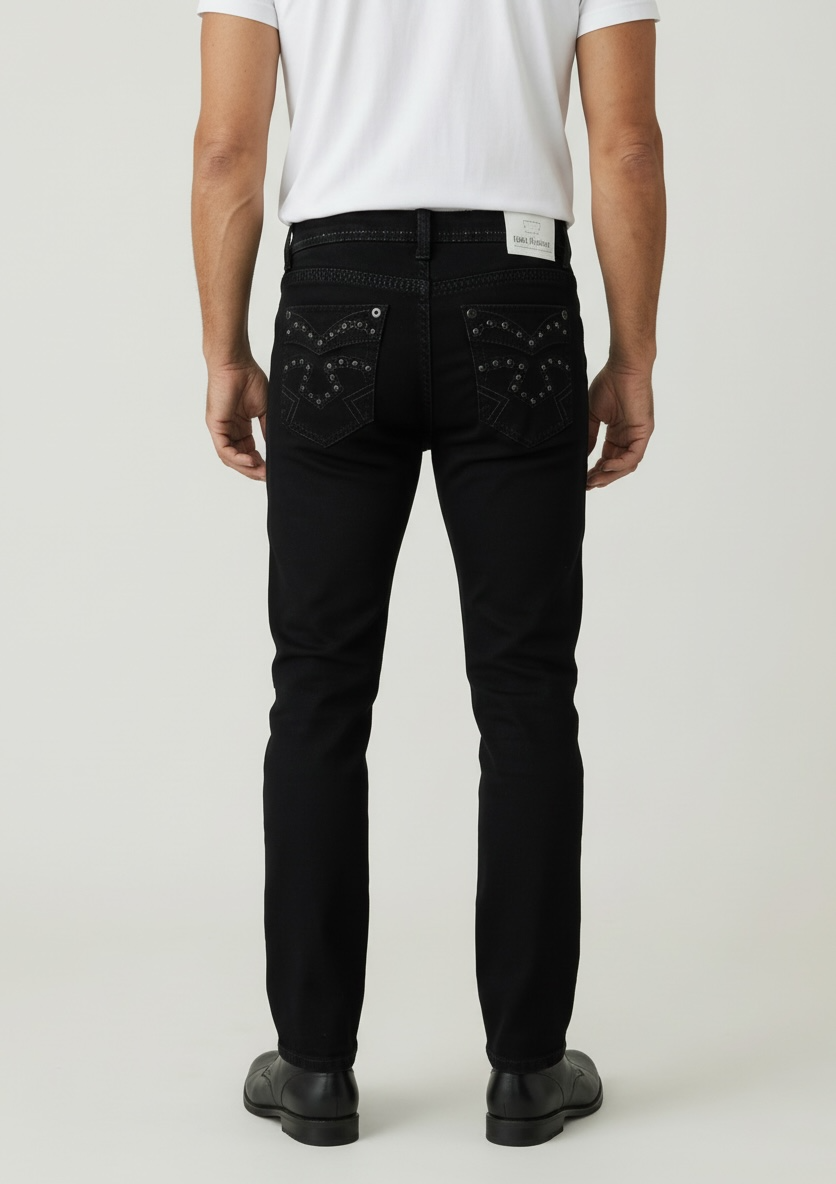 ROCK REVOLUTION MEN'S BLACK STUDDED STRAIGHT FIT JEANS