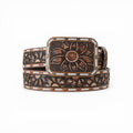 Brown leather belt with embossed sunflowers, white lacing, and an antique copper sunflower buckle.