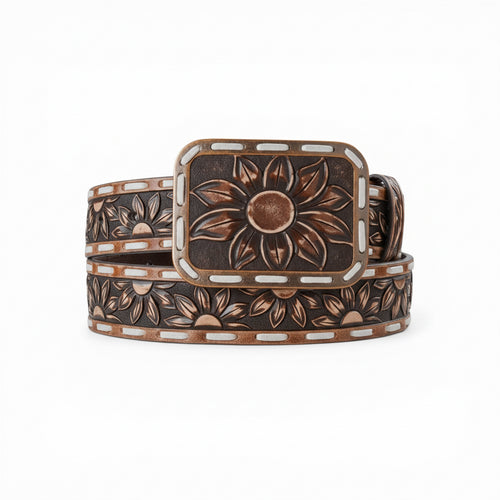 Brown leather belt with embossed sunflowers, white lacing, and an antique copper sunflower buckle.