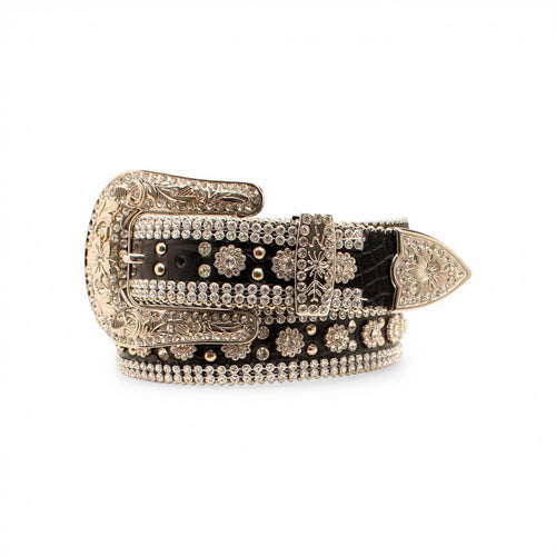 Black gator print leather belt with silver studs, clear crystals, flower conchos, and a ornate buckle.