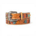 Ariat ladies' genuine leather belt with hand-tooled floral body in multi-colors and an antique silver buckle.