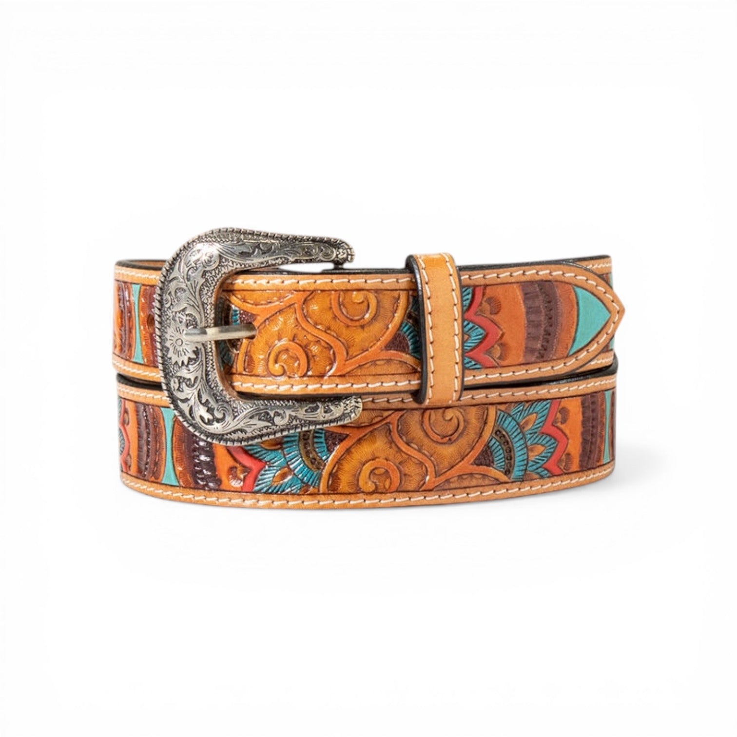 Ariat ladies' genuine leather belt with hand-tooled floral body in multi-colors and an antique silver buckle.