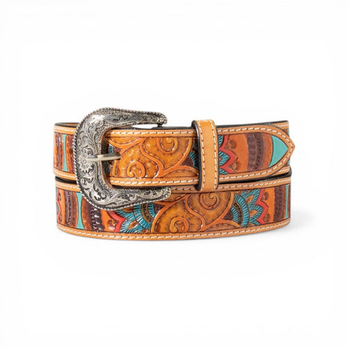 Ariat ladies' genuine leather belt with hand-tooled floral body in multi-colors and an antique silver buckle.
