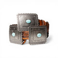 Ariat 1 1/2" tan leather belt with large pierced rectangle conchos and turquoise stones.