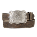 Ariat men's aged bark genuine leather belt with floral embossing and antique silver buckle.