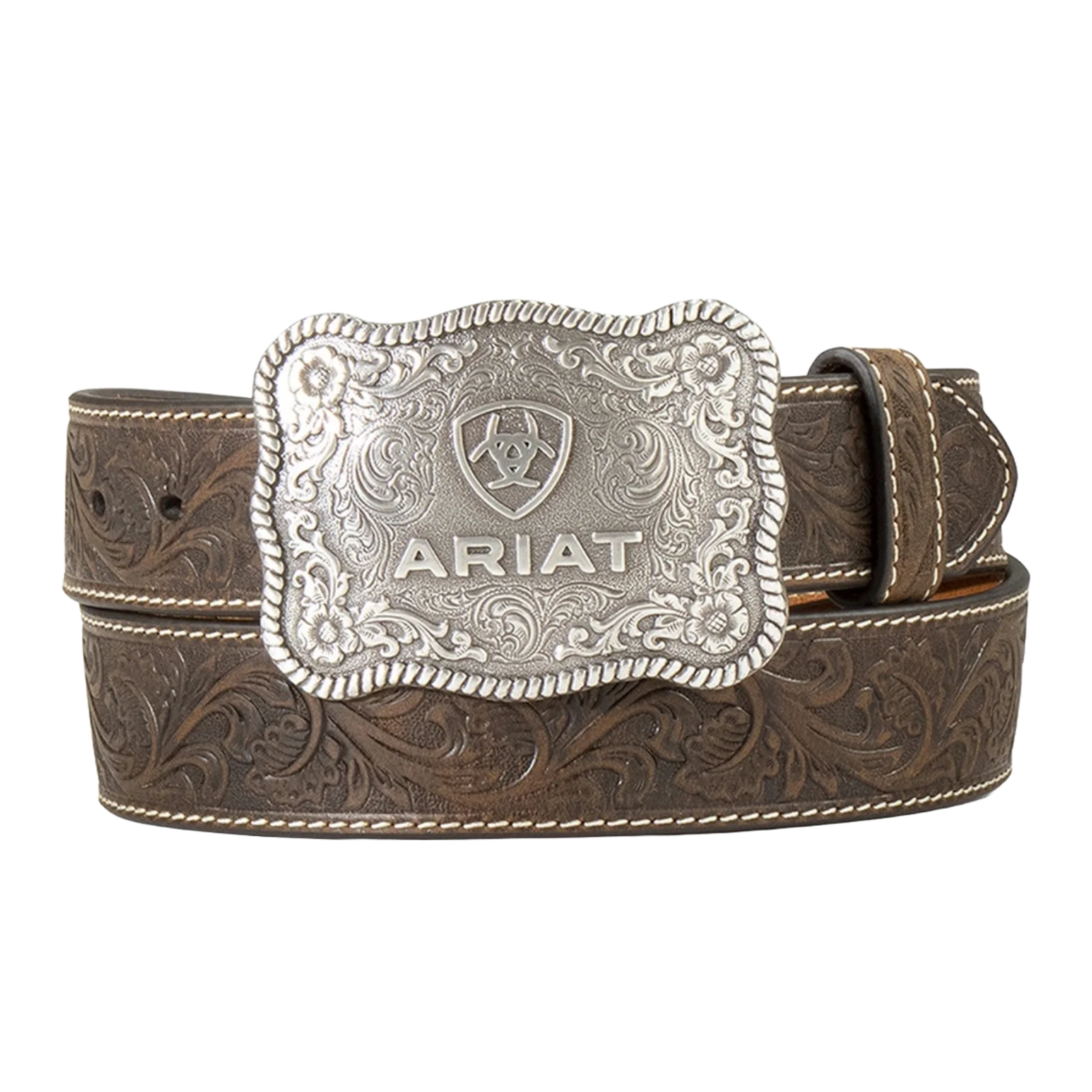 Ariat men's aged bark genuine leather belt with floral embossing and antique silver buckle.