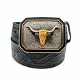 Ariat men's black genuine leather belt with floral embossing and a multi-finish buckle featuring a raised gold longhorn.