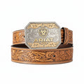 Tan genuine leather Ariat belt with floral embossing and an engraved silver and gold buckle.