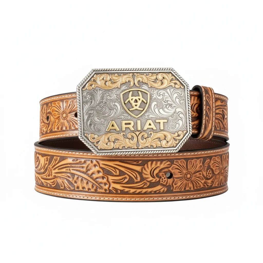 Tan genuine leather Ariat belt with floral embossing and an engraved silver and gold buckle.