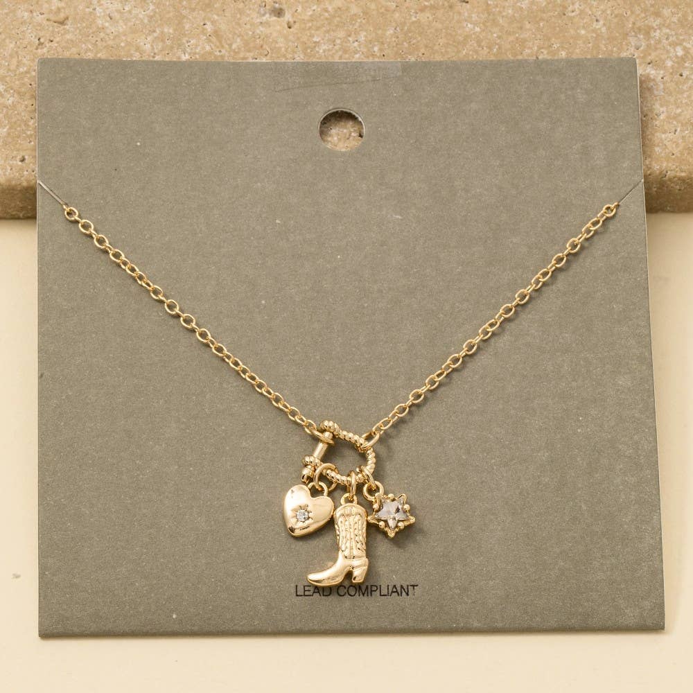 Western Cowboy Boot And Heart Charms Chain Necklace: GDCRY
