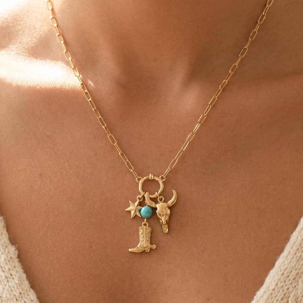 Western Bull Skull & Boot Charm Paperclip Chain Necklace: RGTUQ