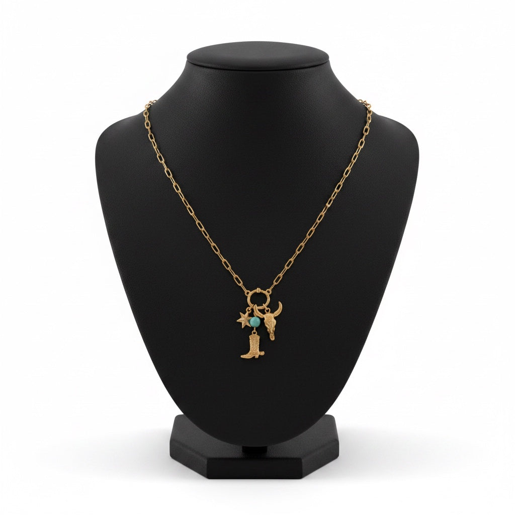 Western Bull Skull & Boot Charm Paperclip Chain Necklace: RGTUQ
